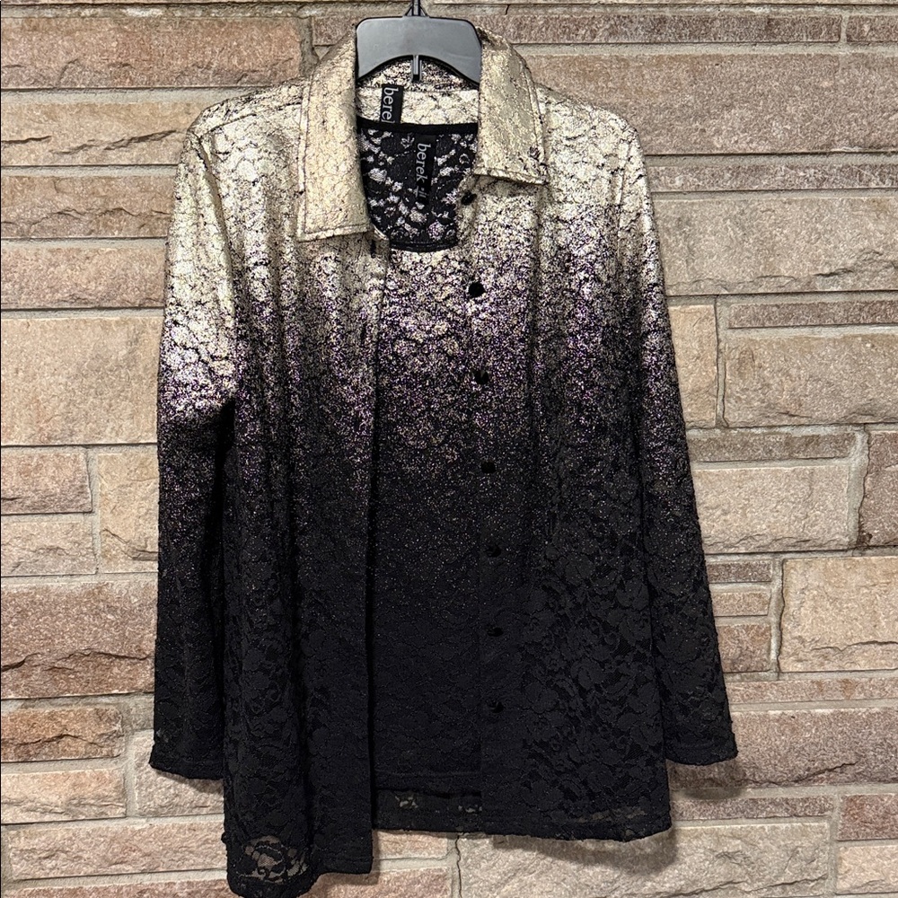 Berek Metallic Lace Button-Up Blouse